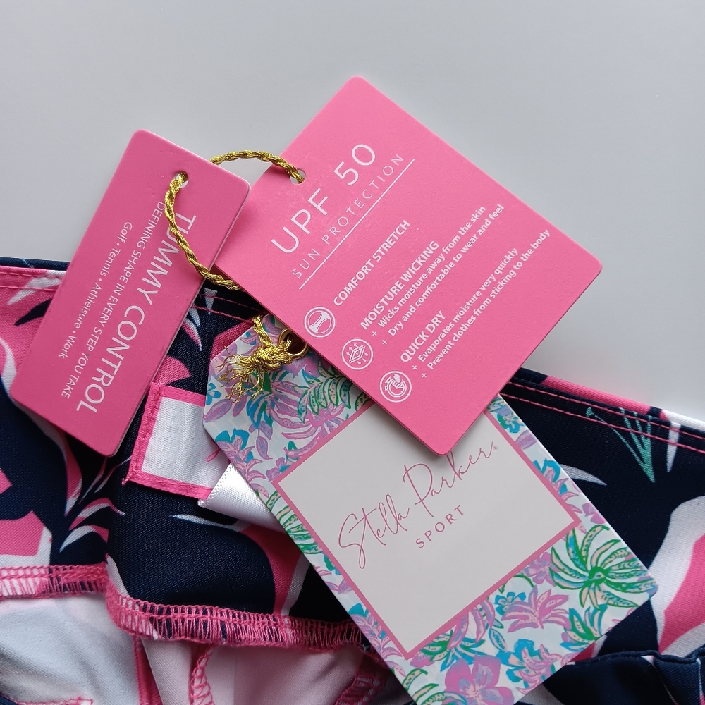 New Stella Parker Sport Floral Pants UPF 50 Tummy Control Pink Navy White Large - Picture 2 of 15